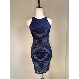 B.Darlin Blue Velvet Burnout Body Con Mini Dress 1/2 Glam Boho Y2K Whimsigoth bl